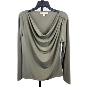 Michael‎ Kors Blouse Women's Size Large Olive Green Drape Neck Long Sleeve Top